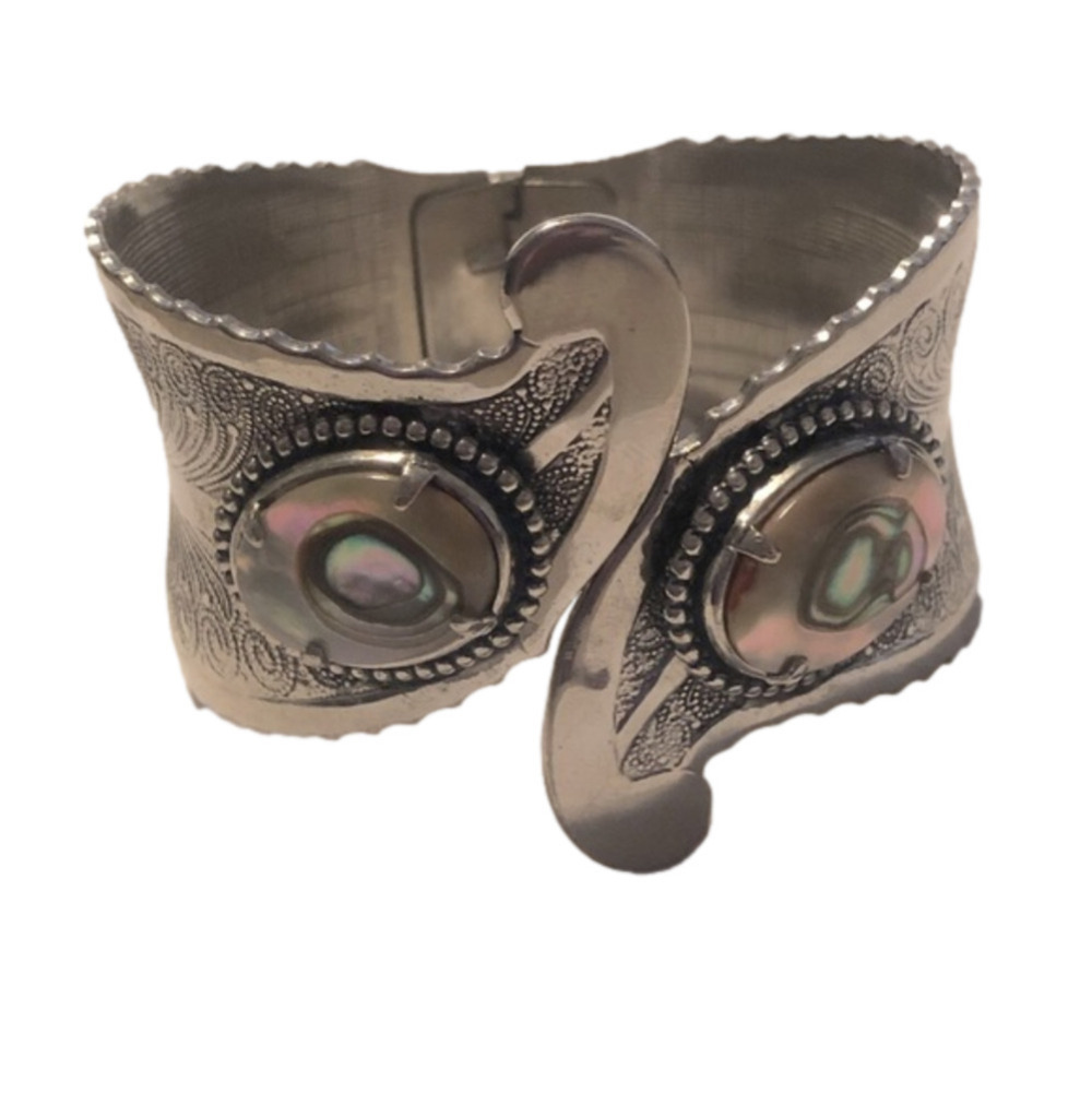 VTG Abalone Silver Tone Spring Hinged Cuff Western Etched Design 6”